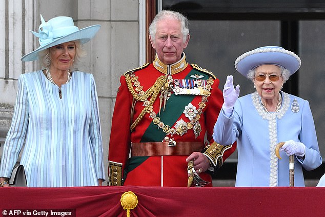 Queen Elizabeth II pictured with now Queen Consort Camilla and current King Charles III in June